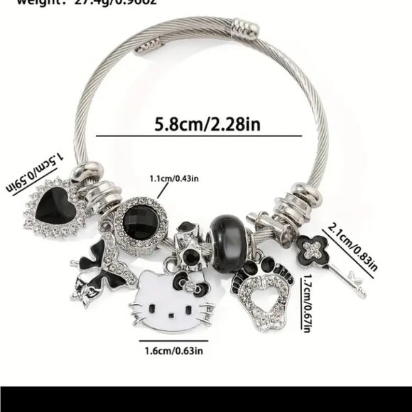 Hello Kitty Charm Pendant Silver & Black Tone Bangle Bracelet - Picture 6 of 6